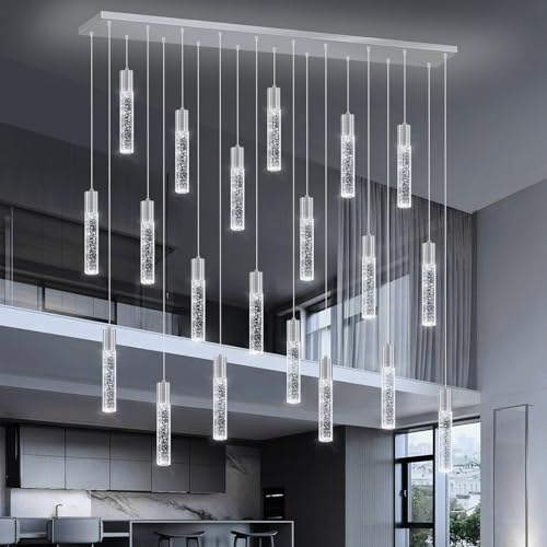 20 Lights Modern Crystal Chandeliers LED Pendant Light for Kitchen Island Dining Room Entrance Foyer Living Room Silver
