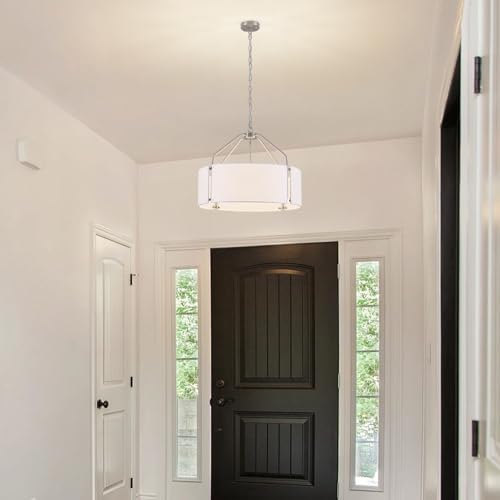23Inches Large Drum Chandelier with Metal and White Linen Fabric Shade