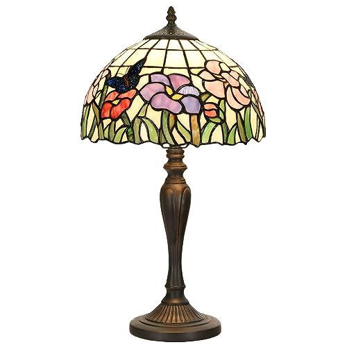 TL0001 Tiffany Table Lamp Handmade Stained Glass Flowers Butterfly Design Lampshade Reading Desk Light 12X21.5 Inches for Bedroom Living Room Home Office