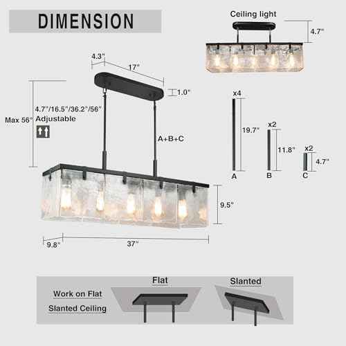 Modern Textured Glass Chandeliers for Dining Room, 37" Rectangular Island Light Fixture, Rectangle Farmhouse Lighting for Kitchen Island, Living Room, L37 x W9.8 x H9.5