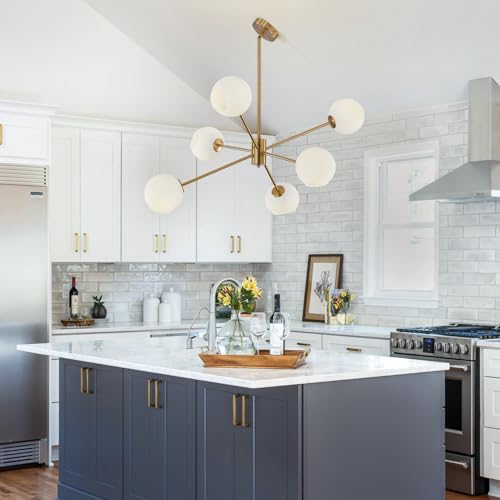 6 Lights Modern Sputnik Chandeliers Globe Light Fixture Farmhouse Milk Glass Pendant Lights Kitchen Island Gold and White Sputnik Hanging Light Vintage Brushed Brass Ball Chandelier