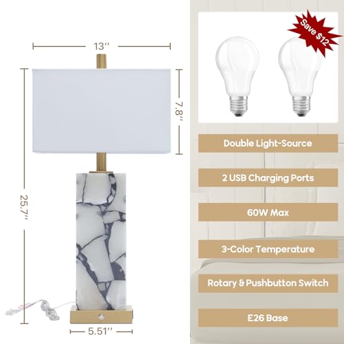 25.7" Natural Marble Table Lamps Set of 2 (2 Count)