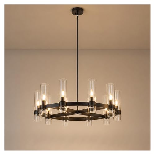 32 Inch Black Cross Wagon Wheel Chandelier with Glass Shades