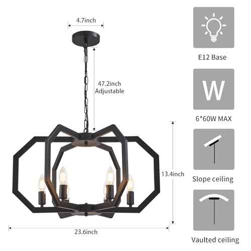 Lanhall 6 Light Farmhouse Chandelier Black Dining Room Light Fixture Modern Rustic Geometric Hanging Pendant Light for Living Room, kitchen Island, Foyer, Entryway, Hallway, Stairway Adjustable Height