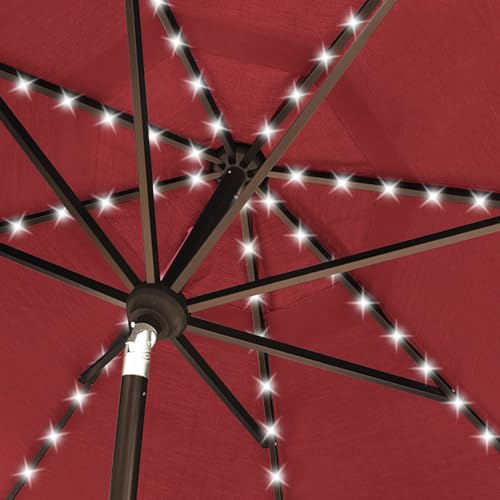 USA 10-Year-Non-Fading 10ft Market Patio Umbrella, Commercial Grade Table Sun Umbrella with 80 Solar LED Lights, Crank Open, Windproof & UPF 50+ UV Protection for Garden, Deck, Pool, Backyard, Burgundy