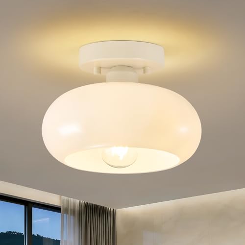 Mid Century Modern Cream White Semi Flush Ceiling Light 8.66 Inch