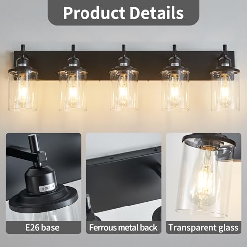5 Light Black Bathroom Light Fixture Over Mirror Modern Farmhouse Bathroom Vanity Light Vintage Wall Lighting with Clear Glass Shade for Bathroom (5 Count)