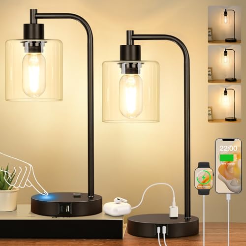 Set of 2 Industrial Touch Control Table Lamps with USB C+A Ports and AC Outlet (2 Count)