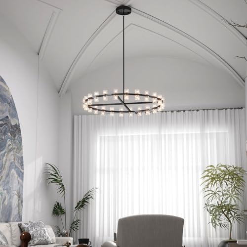D48'' Large Black Wagon Wheel Chandeliers Black Round Chandelier Glass Chandeliers for Dining Room