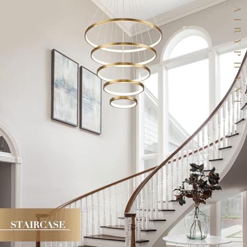 Modern LED Chandelier High Ceiling 5 Ring Gold Chandeliers Foyer Dimmable Ceiling Pendant Light Fixture Contemporary Flush Mount Chandelier for Staircase Living Room