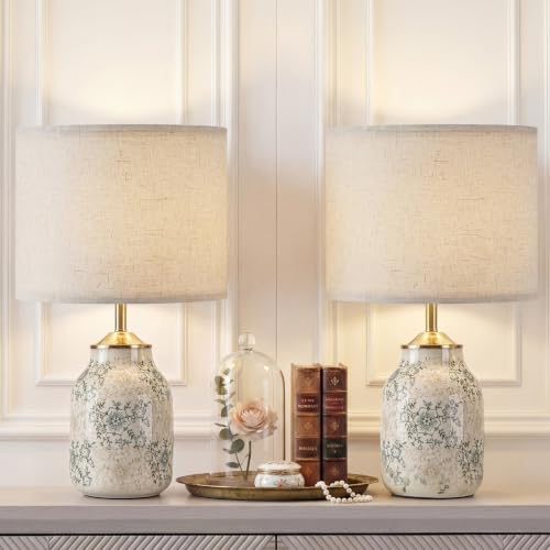 2 Pcs 21" Farmhouse Green Ceramic Lamp with Beige Linen Shade (2 Count)