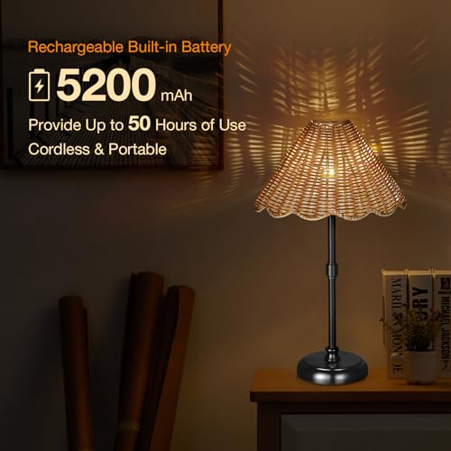 Cordless Boho Rattan Table Lamp Black