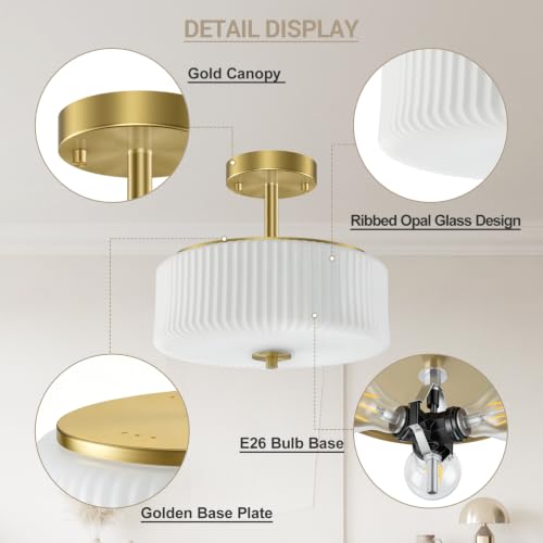Gold Semi Flush Mount Ceiling Light for Schoolhouse (Gold/Milk)