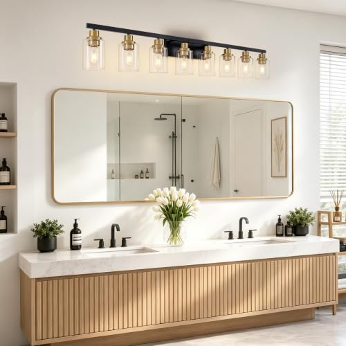 8 Light Bathroom Light Fixture Black and Gold Vanity Lights