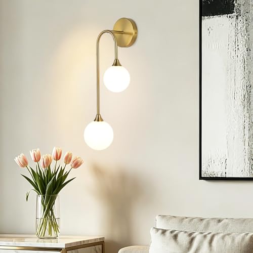 Mid Century Modern Wall Sconce Brushed Gold Milk Glass Sconces with Double Ball Hardwired Wall Light for Bedside Bedroom Bathroom Living Room Corridor G9 Base