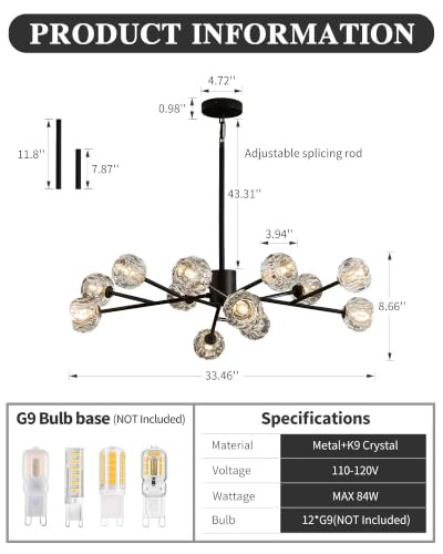 Modern Black 33" 12 Lights Crystal Chandelier