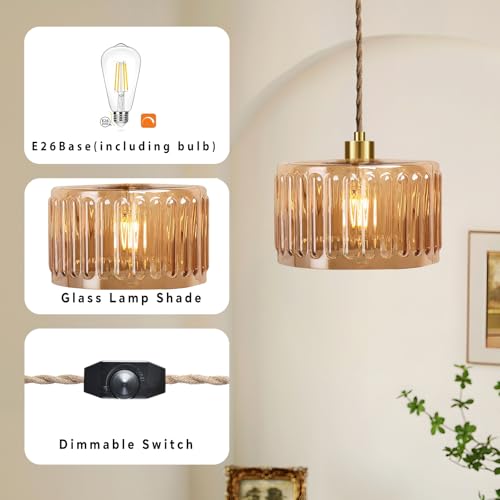 Plug in Pendant Light Hanging Lights with in Cord Mid Century Modern Gold Hanging Lamp Flower Glass Amber Vintage Dimmable Chandelier Ceiling Fixture for Living Room