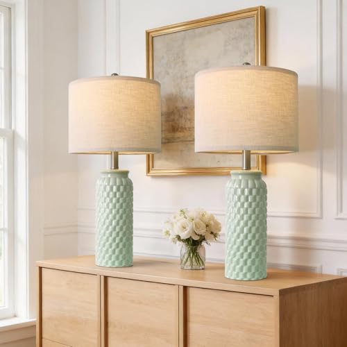 24" Modern Ceramic Green Bedside Lamp Set of 2 Table Lamp for Bedroom Decor Farmhouse Table Lamp for Living Room Office Dorm (2 Count)