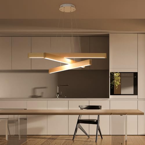 3 Light Solid Wood Natural Linear Pendant Light Modern LED Pendant Light Dimmable Chandelier for Dining Room Table Kitchen Island Living Room Ceiling (3 Count)