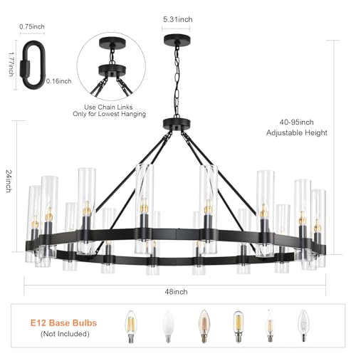48 Inch Black Wagon Wheel Chandelier with Glass Shade