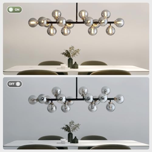 16 Lights Mid Century Modern Chandelier Black Linear Chandelier Light Fixtures Glass Globe Sputnik Pendant Light for Dining Room Kitchen Island