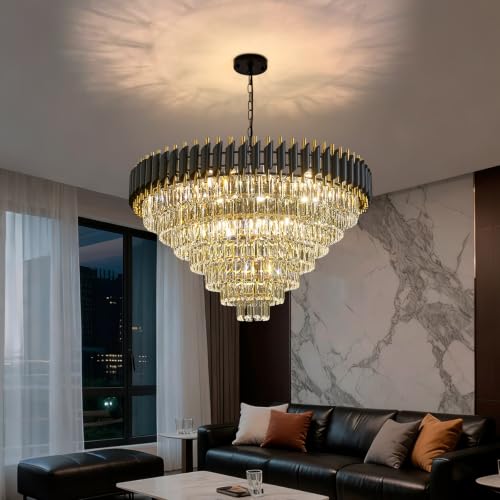 Modern Large Crystal Chandeliers Black and Gold 35" Round 7 Tiers 18 (19 Count)