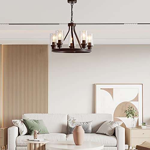 Farmhouse Chandelier Lighting Round 5 Lights Oil Rubbed Bronze with Glass Shade Ceiling Hanging Vintage Rustic Light Fixture for Dining Room Living Room Foyer Porch Kitchen Island