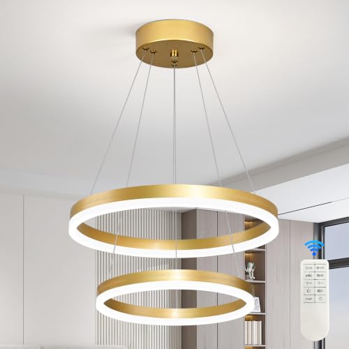 Modern Gold Led Chandelier 2 Rings Dimmable LED Chandeliers with Remote Control Light Fixture for Kitchen Island Height Adjustable Chandelier Led Pendant Light for Living Room Dining Room
