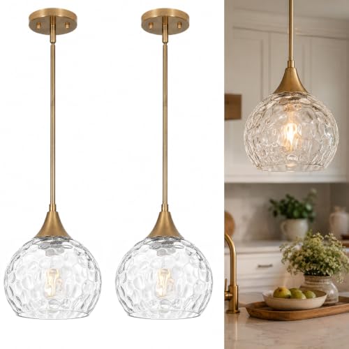 DSMJFU Gold Vintage Hammered Glass Pendant Lights Kitchen Island Set of 2 (2 Count)