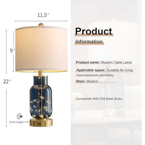 22" Glass Table Lamps Set of 2 with LED Nightlight for Bedroom (2 Count)