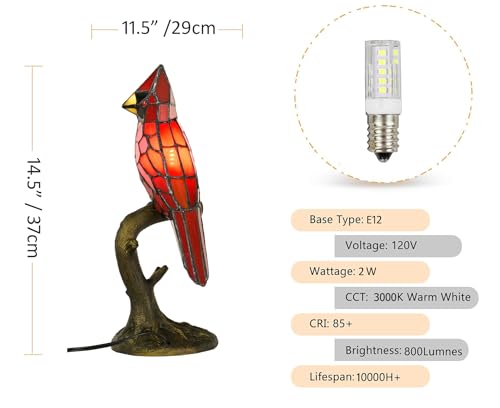 A0011 Cardinal Tiffany Style Table Lamp Handmade Stained Glass Red Bird Lamp in Height 14.5" Overall for Bedside Livingroom Bedroom Home