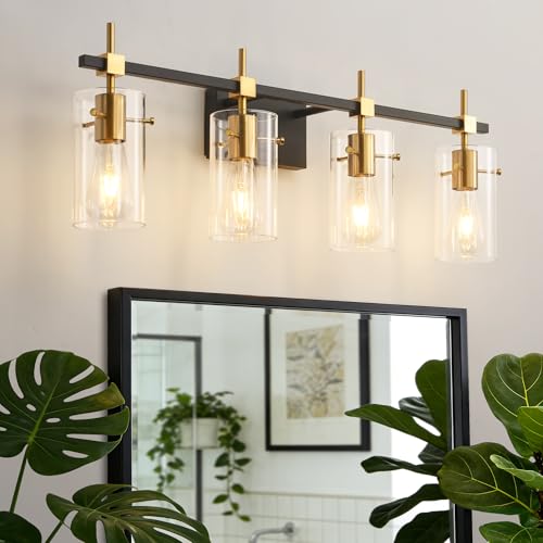 Farmhouse Brass Bathroom Vanity Lights fixtures Over Mirror Vintage Bathroom Lighting Wall Sconce with Glass Shade 4 Lights