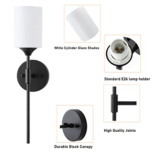 Mid Century Modern Wall Lamp 2 Pack with White Cylinder Glass Shades Matte Black Wall Sconce Bathroom Vanity Lighting Industrial Farmhouse Wall Light Fixtures for Mirror Bedroom Living Room (2 Count)