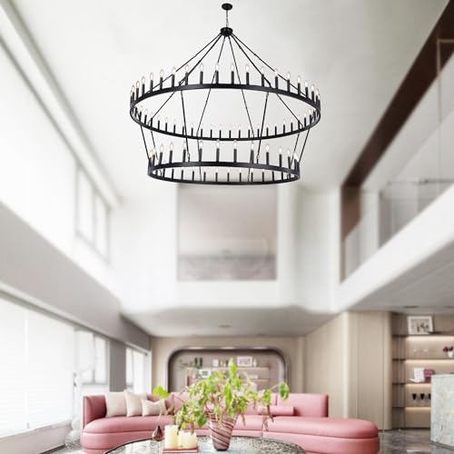 Rustic Farmhouse Black Wagon Wheel Chandelier Large Chandeliers for High Ceilings 2 Tier 80Lights 78.7 Inch for Dining Room Living Room Foyer Porch Kitchen Island