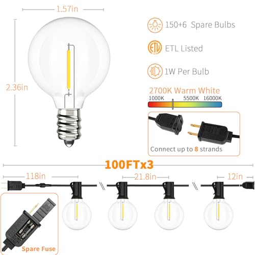 300 FT Outdoor String Lights for Outside Patio 156 Bulbs Waterproof (300 Foot)