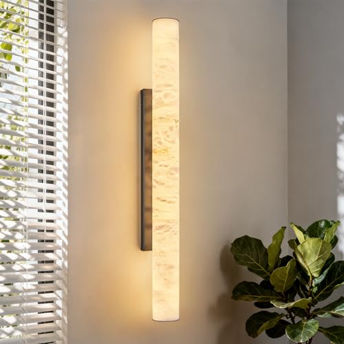 Natural Alabaster Wall Sconces Set of Two Spanish Marble Wall Light Cylinder Modern Black LED Sconce for Living Room Bedroom Bathroo Stairs（L (2 Count)