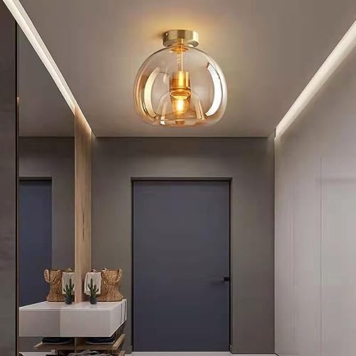 Nordic Mid Century Corridor Globe Semi Flush Mount Ceiling Light Fixture Amber Smoke Grey Glass Ceiling Lighting Simple Mini Ceiling Lamp for Aisle Porch Stairway Closet Kitchen