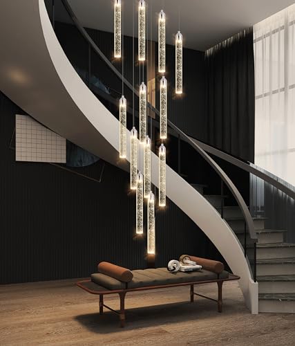 12 Lights Modern Chandeliers for Entryway High Ceiling Chandelier LED Dimmable Long Lights Fixture Pendants Lighting Crystal Chandeliers for Hallway Foyer Living Room Silver Finished Lighting