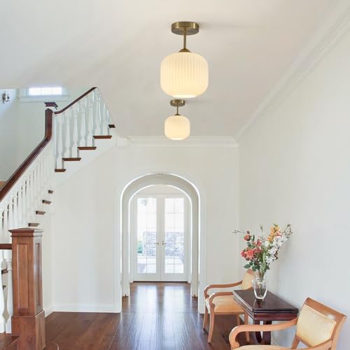 Gold Milk Glass Semi Flush Mount Light Vintage White Ribbed Flush Mount Ceiling Light Small Hallway Globe Ceiling Light Fixtures for Bedroom Entryway