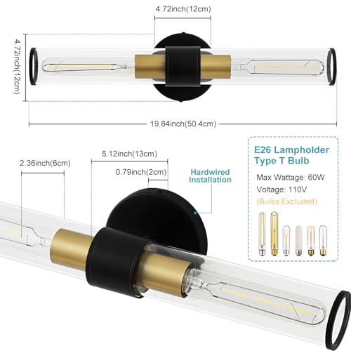Hardwired Black Gold Vanity Light Clear Glass Wall Sconce