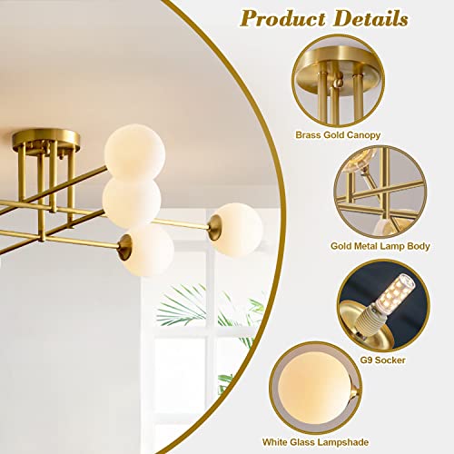 8 Light Globe Flush Mount Ceiling Light Milk Glass Ball Sputnik Chandelier Mid Century Brushed Gold Semi Flush Mount Ceiling Light Fixture Living Room Ceiling Lamp