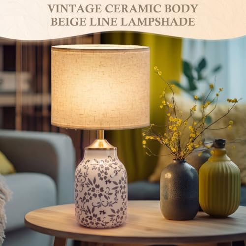 Set of 2 21" Chinoiserie Ceramic Lamps with Beige Linen Shades (2 Count)