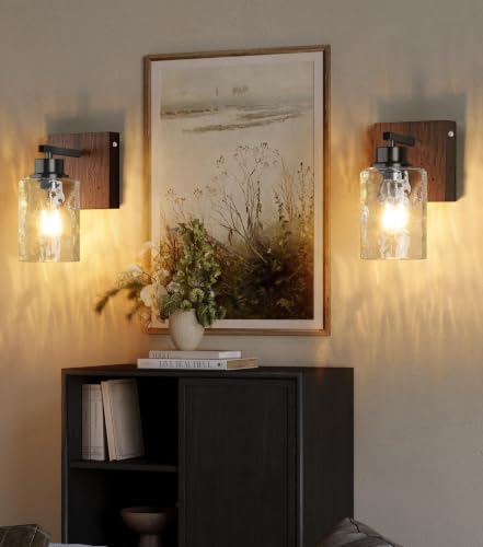 Hammered Glass Battery Operated Wall Sconces Set of Two Black & Walnut