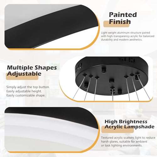 31.5" Black Modern Led Chandelier 3 Ring Modern Led Pendant Light Contemporary Ring Chandeliers Dimmable Chandeliers Color Temperature Adjustable Height Hanging Chandelier for Living Room