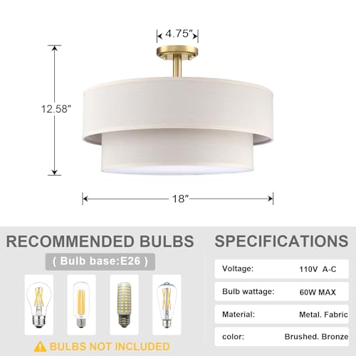 4 Light 18" Cream Fabric Gold Semi Flush Mount Close to Ceiling Light Fixture