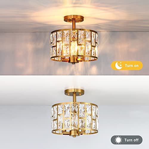 Gold Finish 3LT Crystal Semi Flush Mount Ceiling Light Fixture
