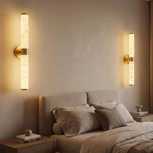 Natural Alabaster Wall Sconces Set of Two Modern Gold LED Wall Lights 24" Spanish Marble Cylinder Sconces for Living Room Bedroom Bathroom Hallway Staircase (2 Count)