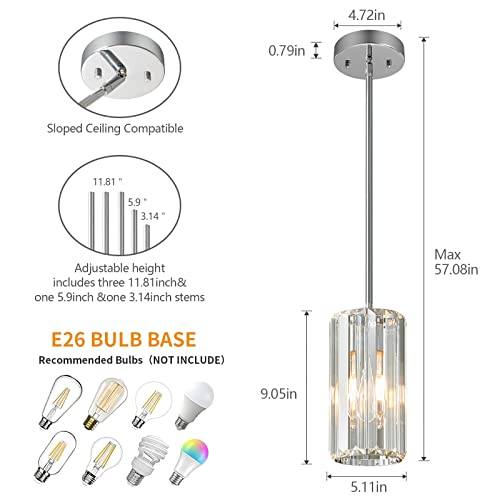 Chrome Pendant Lighting Modern Pendant Light Mini Crystal Chandeliers Adjustable Pendant Light Fixture for Kitchen Island Dinning Room Corridor Bedroom (2 Count)