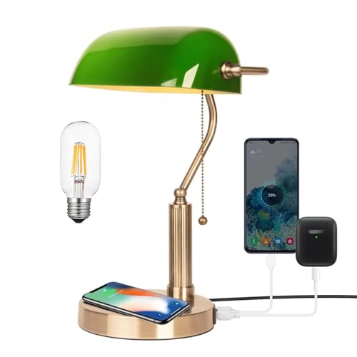 Glass Bankers Desk Lamp with Wireless Charger