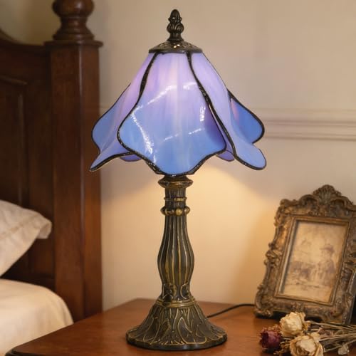 Small Tiffany Table Lamp Blue Morning Glory Style W8H14.5 Inch